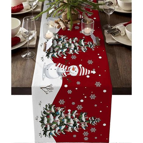 Chemin de table de Noël, motif flocons de neige et rennes, chemin de table style champêtre (1/5)