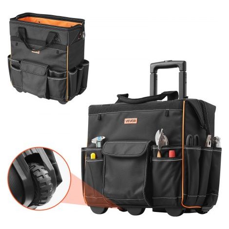 Werkzeugtasche mit Rollen, Tragkraft 50 kg, 25 Taschen, Arbeitsrucksack mit verstellbarem Teleskopgriff & stabiler Basis, Werkzeugtaschen-Organizer für Elektriker, Baugewerbe, 460x270x430 mm (1/5)