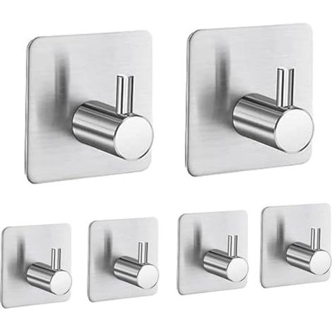 Set di 6 ganci portasciugamani autoadesivi in acciaio inox color argento, ideali per bagno, cucina o toilette. Non è necessaria alcuna foratura per l'installazione. (1/5)