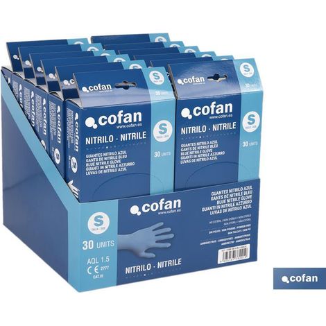 COFAN caja 30 unds. guantes nitrilo t-s , Caja dispensadora de 30 guantes de nitrilo sin polvo. Su colocación es ambidiestra y se caracterizan por ser de un solo uso. Son perfecto