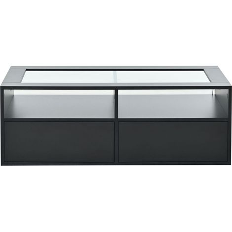 Table basse 100x50, plateau verre trempé table basse salon, rangement intégré 2 tiroirs, led intégrées, design double niveau (1/5)