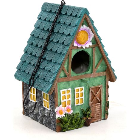 Vogelhaus aus Kunstharz mit Eisenkette und mehrfarbiger floraler Dekoration (15,5×13×21,4 cm) (1/5)