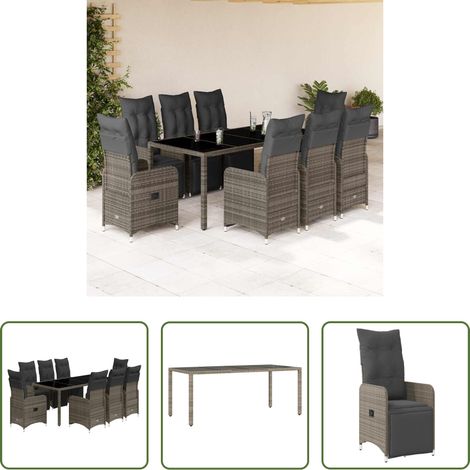 Gartentisch - 9-tlg. Garten-Bistro-Set mit Kissen Grau Poly Rattan (1/5)