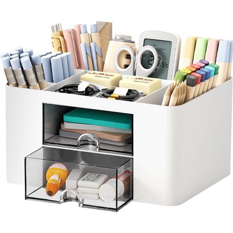 Organisateur Bureau - 1 Unité - Plastique Blanc - 5 Compartiments et 2 Tiroirs - Rangement Fournitures Scolaires et Accessoires - 19,5x14x10cm (1/5)