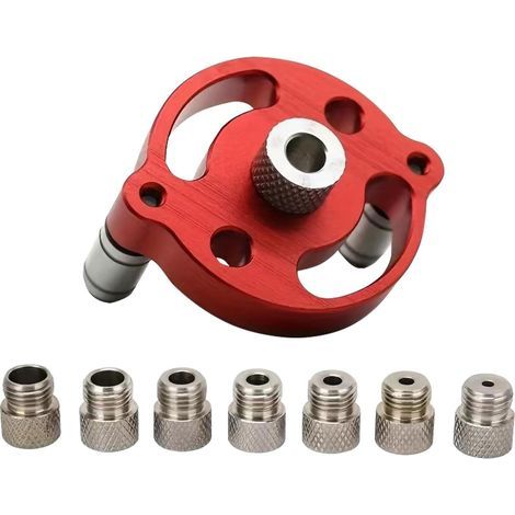 Drilling guide, vertical centering jig for dowels, 3/4/5/6/7/8/9/10 mm drill sockets, manual drilling tool for woodworking (red)