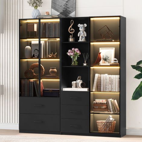 Vitrine LED 140×40×160 cm – Étagère et armoire multifonction avec compartiments en verre et ouverts, charnières à fermeture douce, éclairage LED multicolore, vitrine en verre anti-poussière, étagère à (1/5)