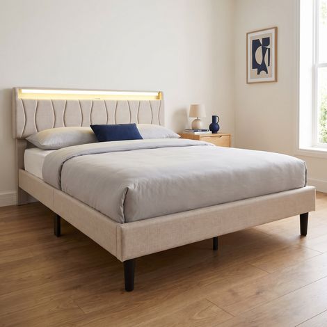 Lit adulte 160x200 cm, lit capitonné double avec LED RGB et Ports USB/Type-C, tête de lit avec rangement, Lin, style moderne, Beige (1/5)