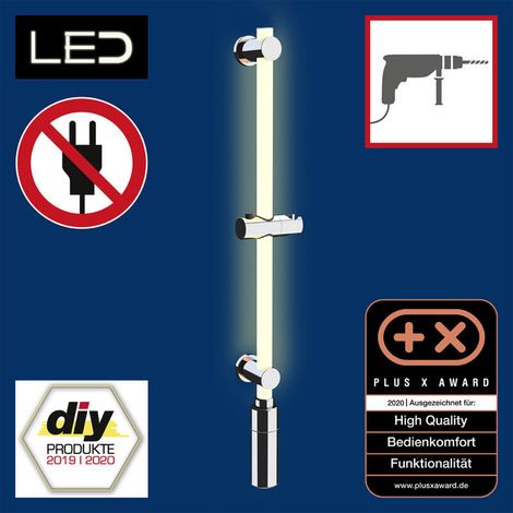 Colonne de douche LED, colonne de douche avec éclairage LED basse consommation et détecteur de mouvement, avec éclairage uniforme sur la longueur, rechargeable, Plastique, L74cm, Blanc - Chromé