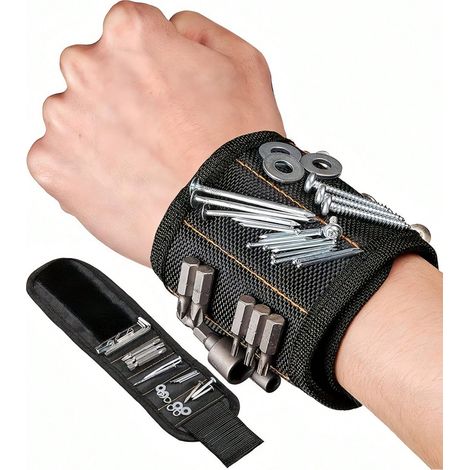Bracelet magnétique ajustable avec 9 aimants puissants, permet de contenir vis, clous et petits outils pour le bricolage, la construction et la réparation, noir, 3 rangées (1/4)