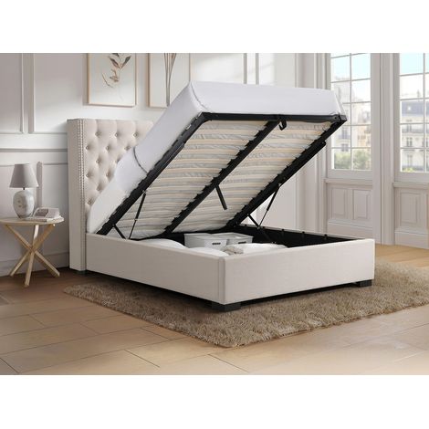 Lit coffre 200 x 200 cm avec tête de lit capitonnée - Tissu - Beige + Matelas - MASSIMO (1/4)