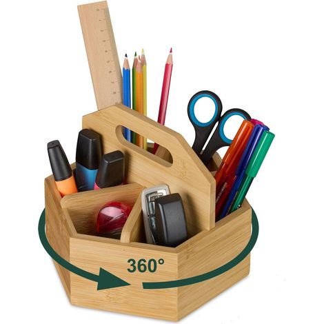 Pot à stylos rotatif en bambou avec 6 compartiments
