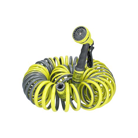 Ferrestock FSKMES002 kit completo de manguera flexible en espiral de 15m de longitud, pistola de riego con 6 funciones, conectores para pistola y de rosca para el grifo (1/5)