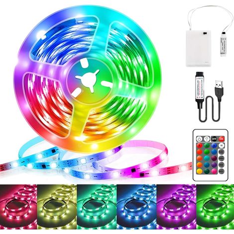 Ruban Led 2M, RGB 5050 Bande LED Alimenté par Batterie ou USB, Dimmable 16 Couleurs Led Bande avec Télécommande pour Chambre, Salon, Rétroéclairage TV, Bar, Fête (1/5)