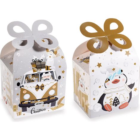 Scatole natalizie per pacchi regalo in carta bianca e oro, set da 48 pezzi, cm11,5x9x9,5H (con fiocco18)