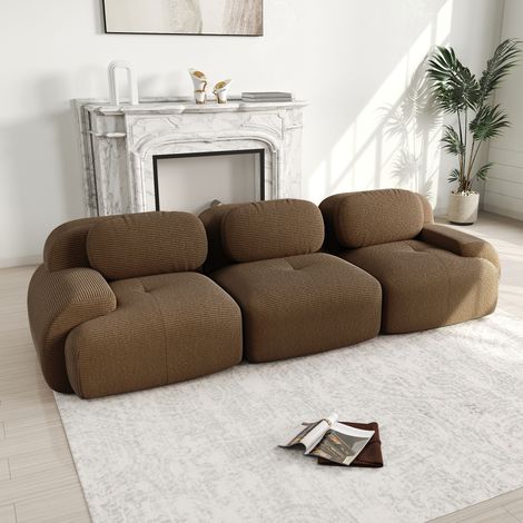 Modulares 3-Sitzer-Sofa aus Cord mit 3 Kissen, 32D-Elastik, ergonomischer, rutschfester Unterseite, 298 x 103 x 70 cm, braun