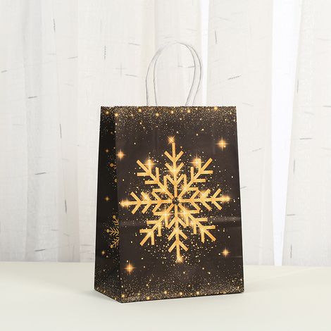 Set mit 12 wiederverwendbaren, schwarz-goldenen Weihnachtsgeschenktüten mit Henkeln zum Verpacken von Weihnachtsgeschenken, 21 x 15 x 7 cm (Schneeflocken)