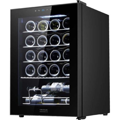 Schwarzer Weinkühlschrank mit einem Fassungsvermögen von 20 Flaschen mit Kompressor-Kühlsystem, einstellbarer Temperatur zwischen 5-18ºC und Touch-Bedienfeld.