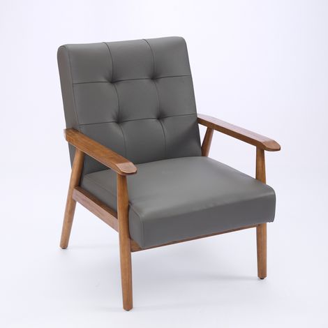 Fauteuil lounge en cuir véritable avec accoudoirs couleur noyer et pieds en bois d’hévéa – fauteuil de salon confortable (1/5)