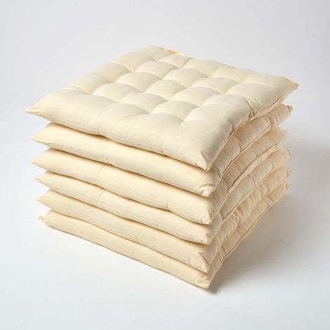 HOMESCAPES Cream Plain Seat Pad with Straps 100% Cotton 40 x 40 cm, Set of 6