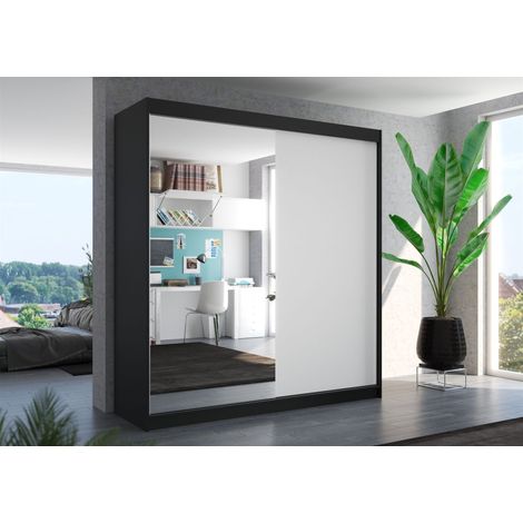Schiebetürenschrank Schrank Nr.405 in Schwarz- Weiß matt- Spiegel 200x215x58 cm (1/3)