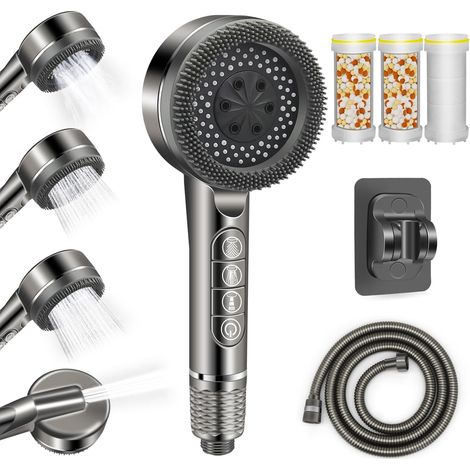 Pommeau de Douche Anti-Calcaire avec Tuyau 1,5M - Douchette Haute Pression 3 Modes Jet + Filtre (Gris)