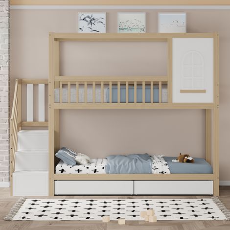 Lit enfant superposé 90x200 cm enfant en bois marron avec rangements et sécurité (1/5)