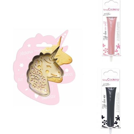 Kit pour biscuit en relief Licorne + 2 Stylos au chocolat rose pastel et noir