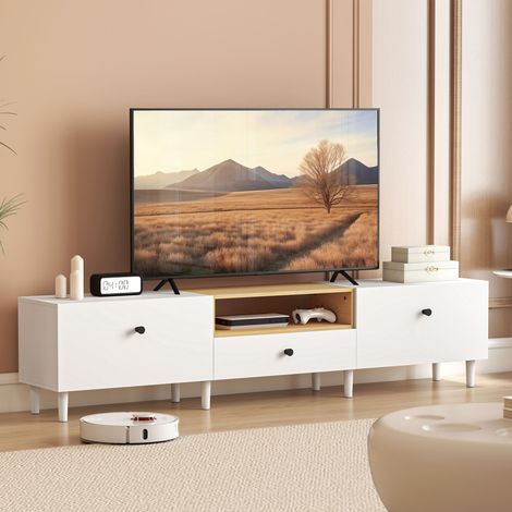 Meuble TV. meuble télé pour téléviseur jusqu'à 90 pouces avec 2 portes rabattables. tiroir. 200 x 35 x 45 cm. blanc (1/5)