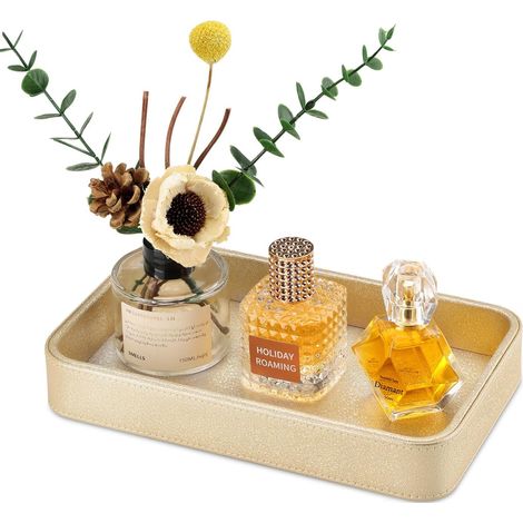 Decoration Salle de Bain,Plateau Decoratif Rectangulaire Plateau de Salle de Bain en Cuir Organisateur Bijoux Plateau Parfum Rangement Coiffeuse Plateau à Clés pour Salle de Bain,Chambre(Doré) (1/5)