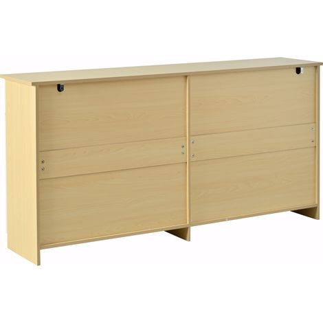 Meuble de rangement buffet avec 4 tiroirs et 4 portes, 2 tablettes, style cannelé, 8 poignées métalliques, grand plan supérieur pour séjour, chambre ou cuisine, 160 cm de large, finition blanc et bois (1/5)