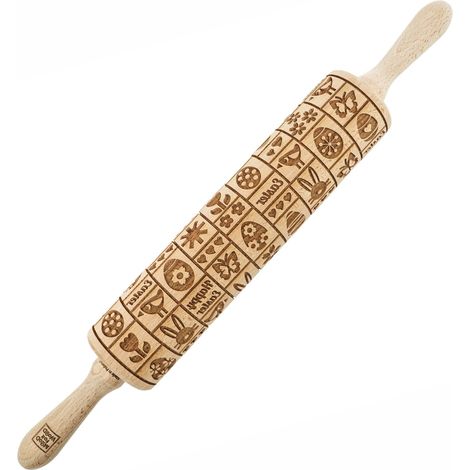 Mattarello in legno MoodForWood, inciso, 43 cm con manici, perfetto per la cottura al forno - Motivo pasquale (1/5)