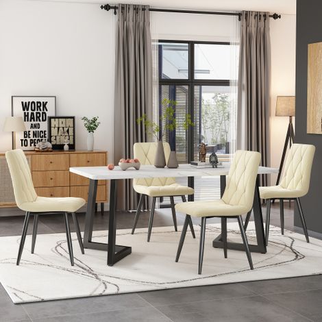 Ensemble de salle à manger, table à manger 117x68x75 cm avec pieds en métal et plateau blanc, 4 chaises en lin, beige
