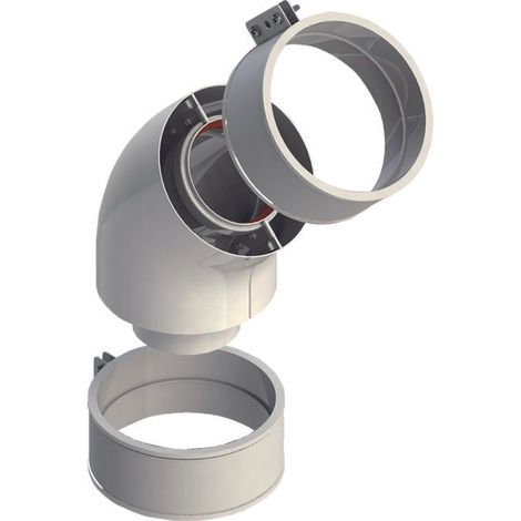 Koaxiales Winkelstück 45° Ø 60/100 aus weiß lackiertem Aluminium - mit Muffe und Klemme
