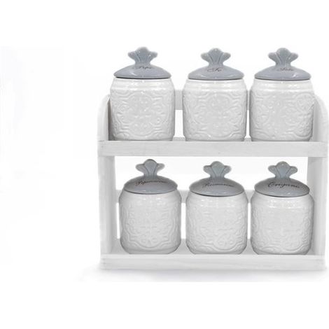 Set 6 Barattoli da Cucina Spezie in Ceramica con Mensola Decoro Grigio (1/3)