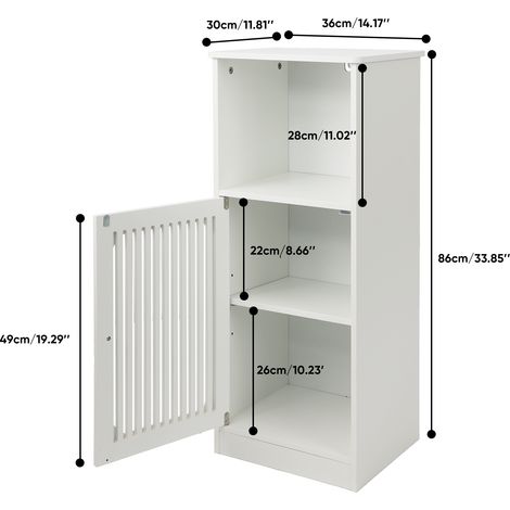 Armoire de salle de bain basse blanche, meuble sur pied avec porte lamellée, plusieurs niveaux de rangement pour salle de bain, gain de place et design moderne (1/5)