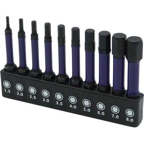 Jeu de 10 Embouts de vissage magnétiques hexagonaux en Acier S2, Tige hexagonale de 6,35 mm (1/4 Pouce), Longueur 50 mm, Embout de perçage métrique à clé Allen (1/5)