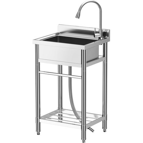 Évier de cuisine sur pied en acier inoxydable avec robinet, lavabo de cuisine avec étagère de rangement, bac à linge pour intérieur et extérieur