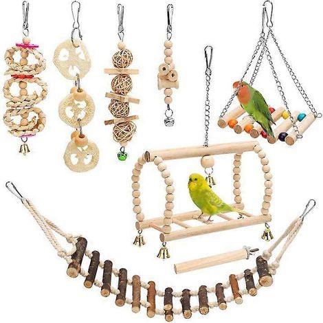 Ensemble de 8 jouets à mâcher en bois naturel pour perroquets, clochette suspendue, balançoire pour cage, convient aux pinsons, petites perruches et autres oiseaux. (1/4)