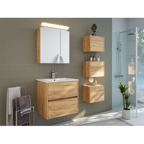 Badmöbelset Taifun 60cm 3tlg mit Spiegelschrank und 3er Boxen Set eiche gold