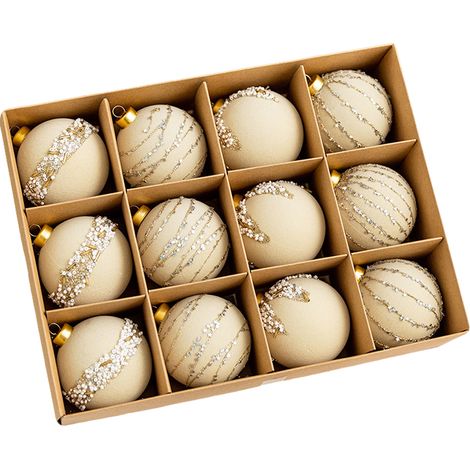 Set mit 12 dekorativen, cremeweißen Samtkugeln, 6 cm Durchmesser, unzerbrechlich. Ideal für Partys zu Hause. (1/2)