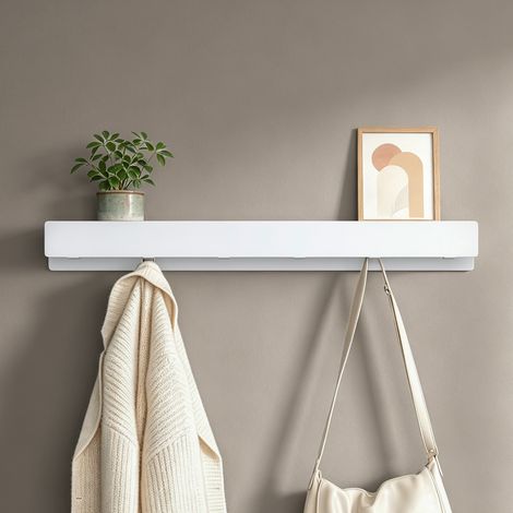 doporro Porte Manteau Mural, 6 Crochets Cachés, Patère Murale avec Étagère de Rangement, Porte-Manteau Porte Clé Blanc Sablé, pour Entrée Salle de Bain Cuisine, Stalo-11
