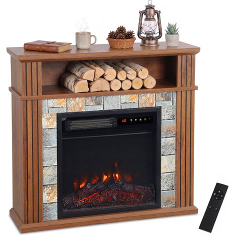 Cheminée électrique - HOMCOM - 1800 W - effet flamme à 5 niveaux de luminosité - manteau - bois - 78x25x72,2cm - marron (1/5)