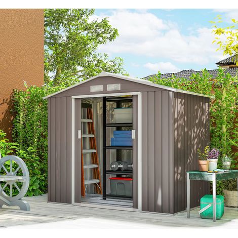 Abri de jardin résistant, Hangar à outils en acier avec cadre au sol, 2.42 m², 213L X 130L X 185H cm, Toit à pignon, 2 Portes coulissantes et Ventilation optimale (1/5)