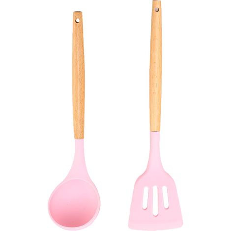 Ensemble Ustensiles Cuisine - Silicone Et Bois Naturel - Resistance Chaleur Pour Poêles Antiadhésives - Lot De 2 Pièces (1/5)
