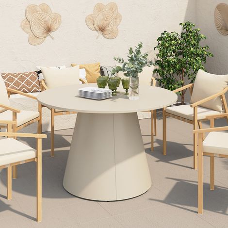 AMELIA 120 CM Mesa de jardín redonda para 6 personas con pata central de metal beige