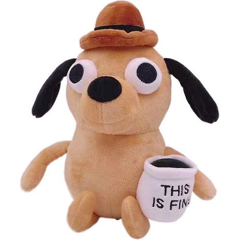 Peluche Chien « This Is Fine » de 25 cm, tasse à café, jouet en peluche, décoration (1/5)