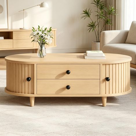 Tavolino ovale con ante scorrevoli, 2 cassetti, MDF, piedini in legno, 100 x 50 x 36 cm (1/5)