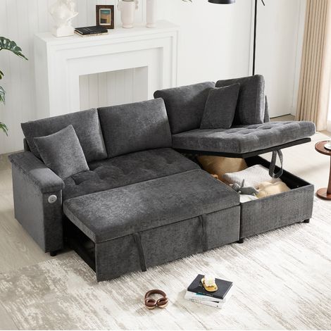 Canapé d’angle convertible 209x130x84 cm en chenille gris foncé avec rangement, pour salon – MEUBLIV (1/5)