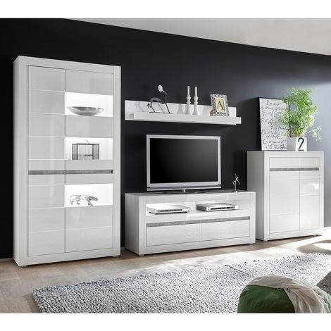Wohnwand in weiß Hochglanz mit Beton COGO-61 inkl. LED BxHxT: 370x198x42cm (1/5)