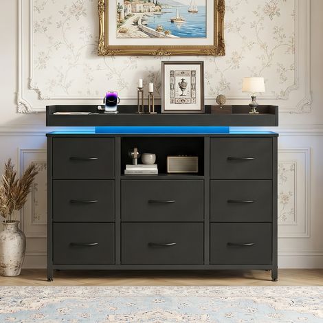 Commode Bois avec 8 tiroirs – Commode chambre avec bande LED RGB et ports USB intégrés, structure en métal – Design scandinave, Noir